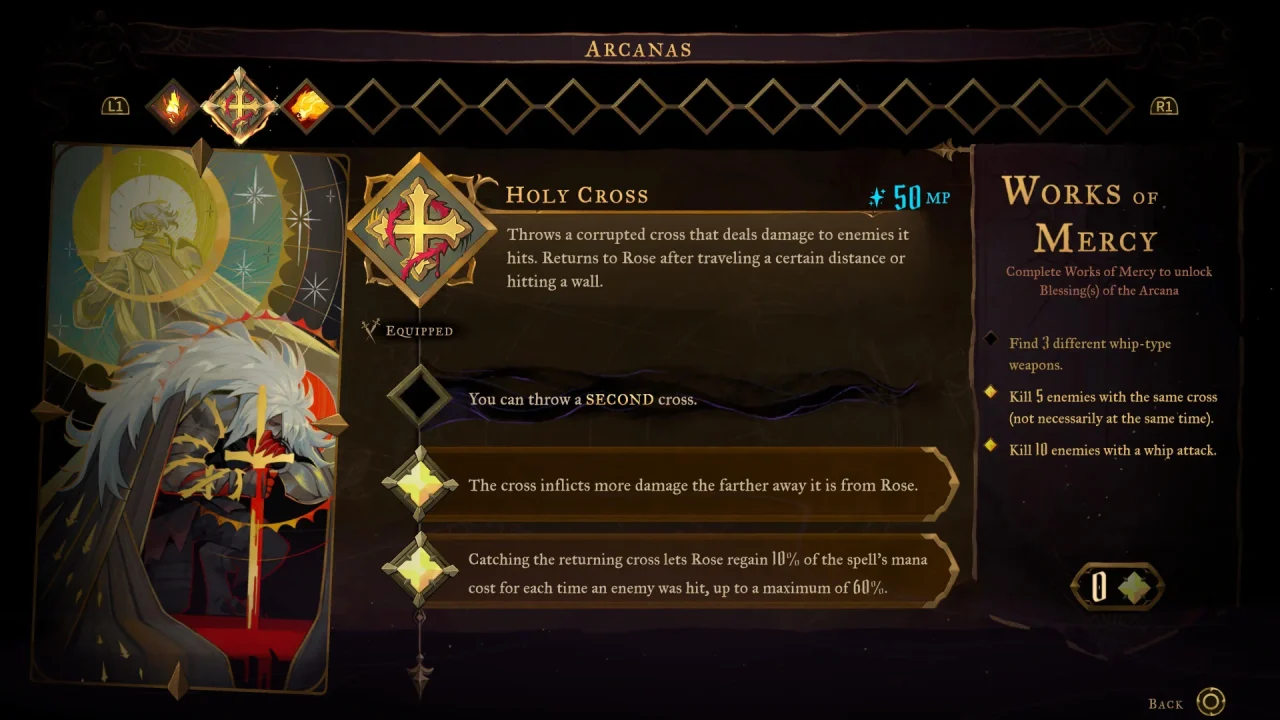 The magic skill screen in Casltevania: Belmont's Curse, with the Cross skill highlighted.