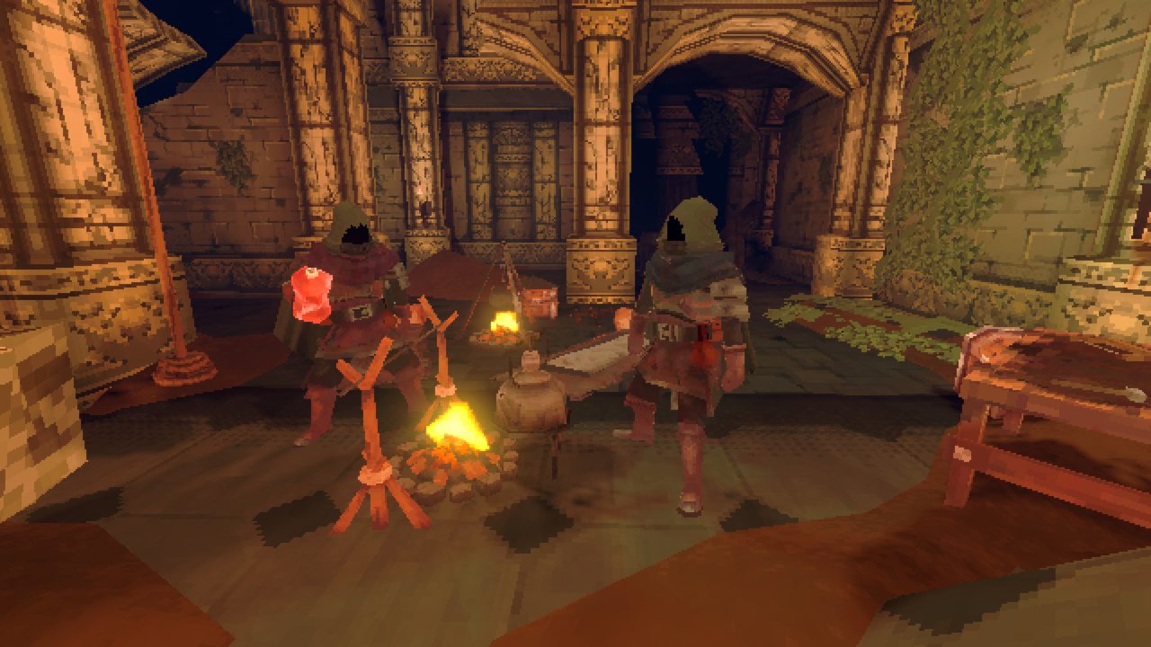 Two cloaked players with swords at a dungeon campfire cooking hunks of meat