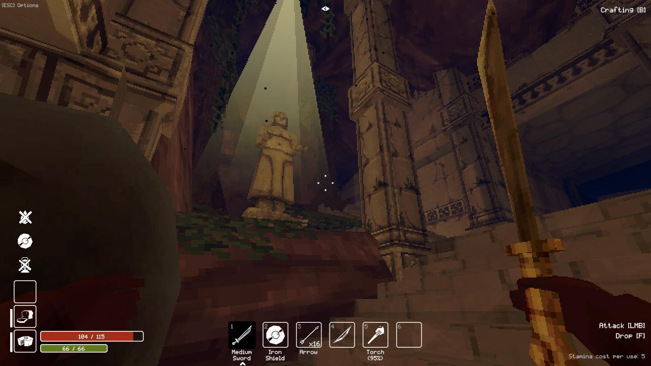 Deep Dish Dungeon screenshot of the player holding a sword and looking up at a stone statue light from sunlight peeking into a dungeon