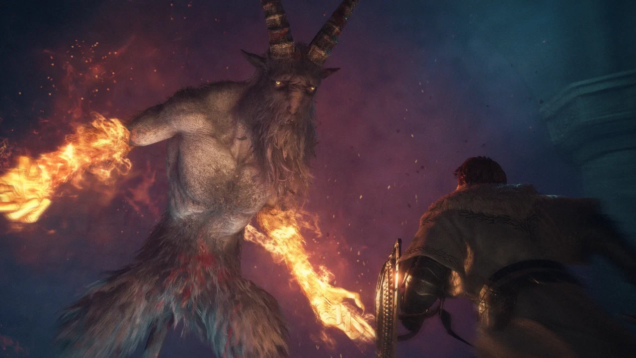 Battling a huge satyr with fire-wreathed hands in Dragon's Dogma 2