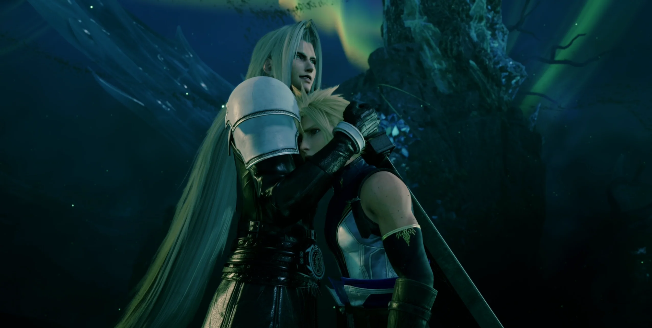 Final Fantasy VII Revelation Screenshot of Sephiroth embracing a confused Cloud