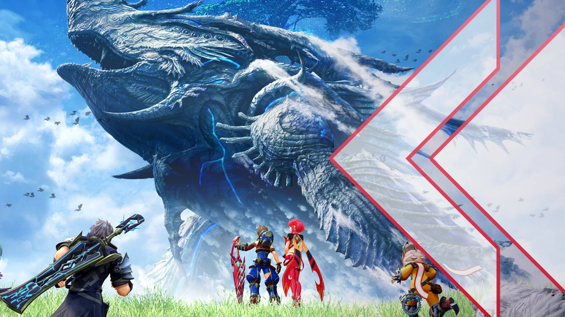 Retro Encounter 496 Xenoblade Chronicles 2 art of characters in a field looking at a huge Titan