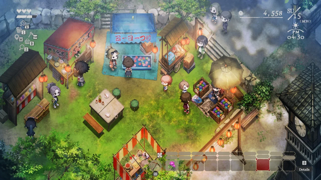 Screenshot of Village in the Shade showing the protagonist attending the summer festival with market stalls and activities hosted by the villagers.