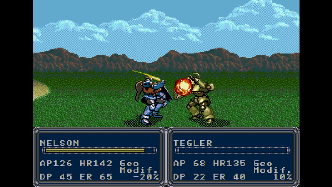 Nelson and Tegler battle in green fields in giant mechs.